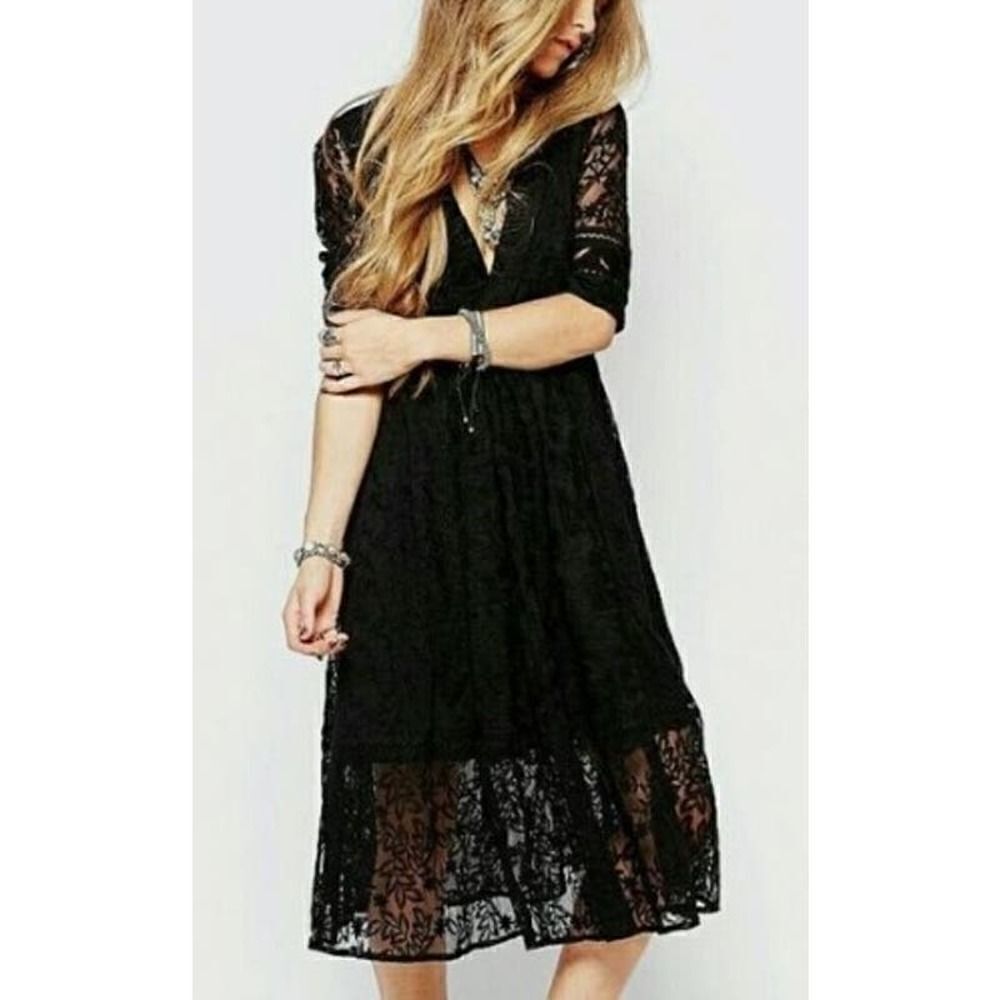 Free People Mountain Laurel Black Midi Dress Sz. XS